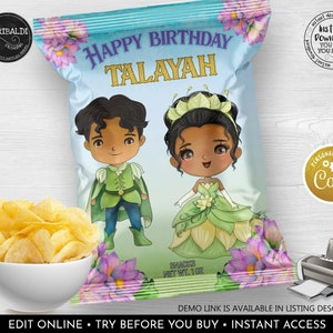Editable Princess and the Frog Chip Bag Wrapper Tiana Chip Bag Template Princess Birthday Party Supplies The Frog Prince Corjl Template PF