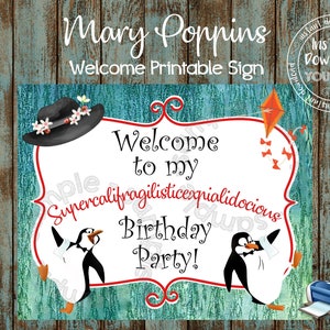 Cartel de bienvenida de Mary Poppins imprimible, cartel de cumpleaños de Mary Poppins, cartel de fiesta de Mary Poppins, suministros y decoraciones para la fiesta de Mary Poppins