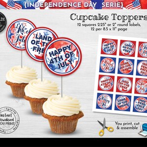 4th of July Cupcake Toppers Printable Red White Blue Patriotic Decorations USA Party Supplies Fourth of July Party Decor Digital Download