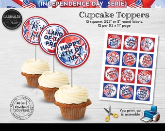 4th of July Cupcake Toppers Printable Red White Blue Patriotic Decorations USA Party Supplies Fourth of July Party Decor Digital Download