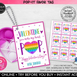 Puede incluir: Etiquetas de regalo para el Día de San Valentín imprimibles con un corazón de juguete pop-it arcoíris con el texto "Valentine you make my heart pop" y "Happy Valentine's Day!" Las etiquetas miden 2,5 x 3,5 pulgadas cada una.