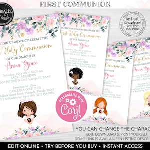 Editable First Holy Communion Invitation, Printable Girl First Communion Invitation Template, Instant download Pink Communion Invite FC