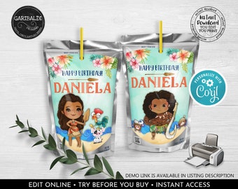 Editable Moana Juice Pouch Labels Maui Juice Box Label Hawaiian Birthday Party Decoration Polynesian Instant download Moana Party Favors MOA