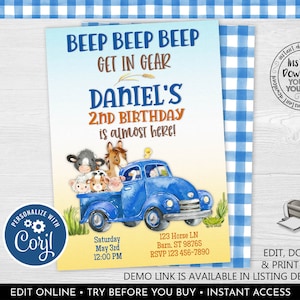 Editable Blue Truck Birthday Invitation Farm Animals Birthday Invitation Farm Truck Birthday Party Invitation Petting Zoo Invitation LBT