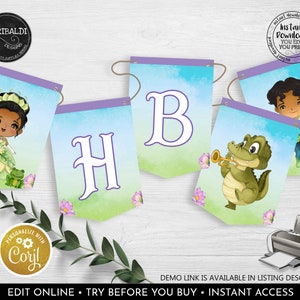 Editable Princess and the Frog Pennant Banner Printable Princess Tiana Birthday Party Decorations Supplies Bunting Banner Template Corjl PF