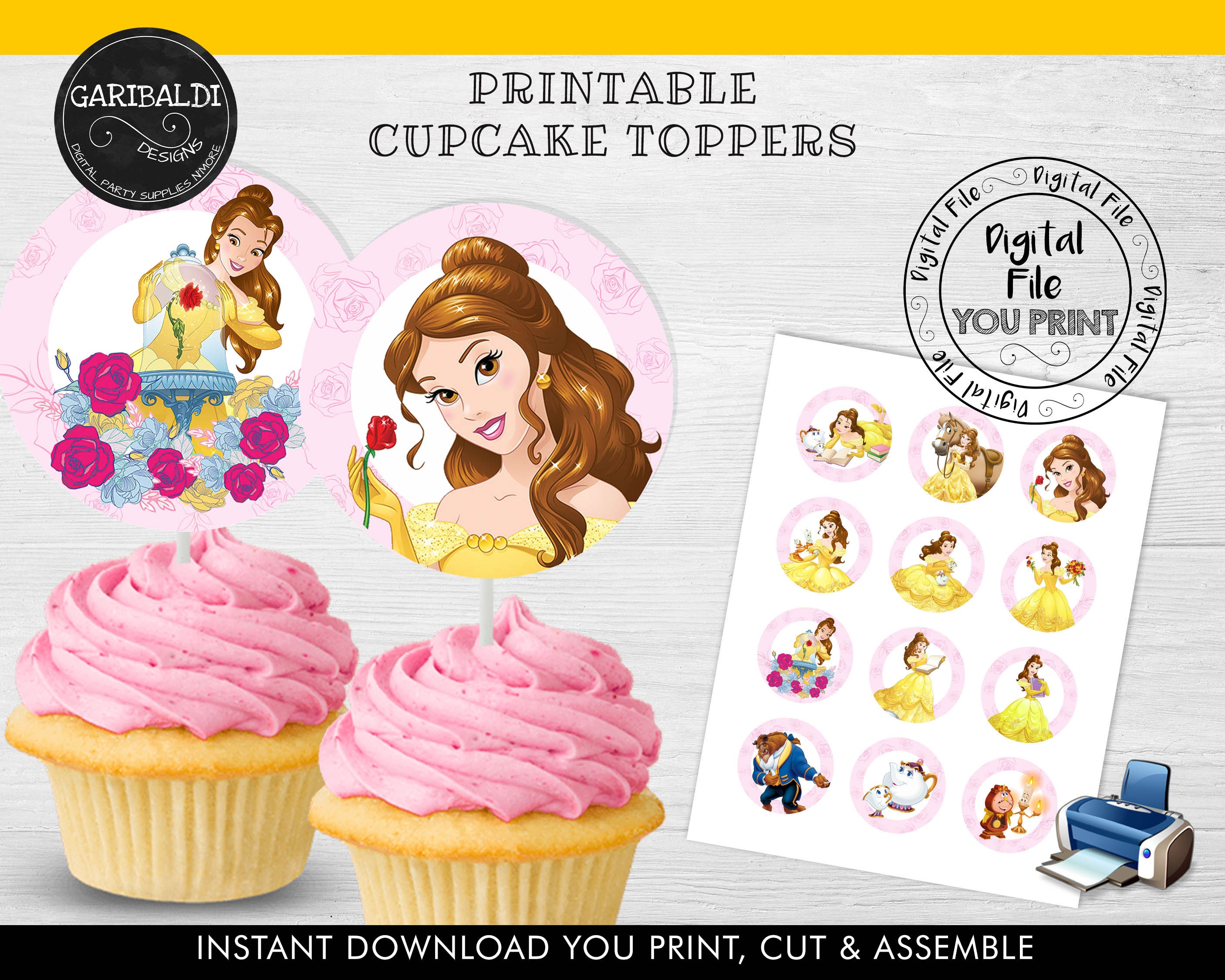 Belle Cupcake Toppers Beauty and the Beast Printable Cupcake | Etsy