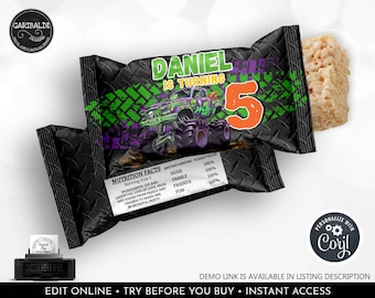 Monster Truck Rice Treat Wrapper Editable Monster Truck Birthday Party Supplies Table Decor Cars Favors Printable Digital Download Corjl MT