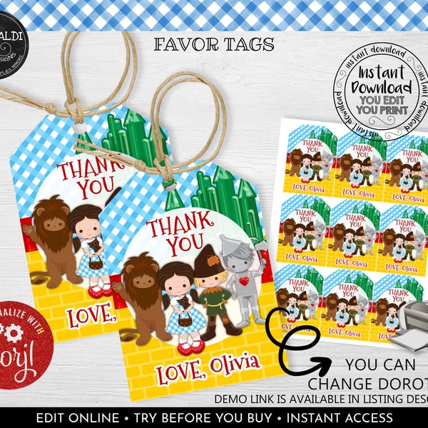 Editable Wizard of Oz Favor Tags Wizard of Oz Gift Tag Instant Download Wizard of Oz Thank you Tags Wizard of Oz Party Supplies WOZ