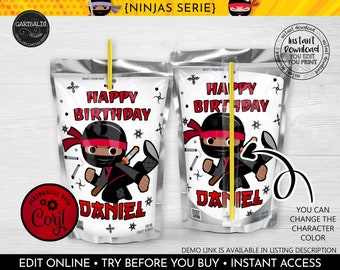 May include: Editable juice box labels featuring a cartoon ninja character with the text "Happy Birthday" and a name. The labels are silver with white text and a red and black ninja character. The text "You can change the character color" is also included.