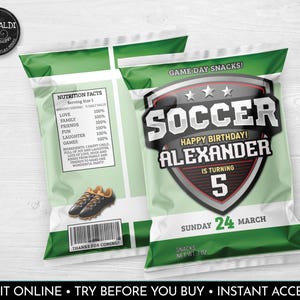 May include: Two green and white snack bags with a soccer theme. The bags feature the text "SOCCER HAPPY BIRTHDAY! ALEXANDER IS TURNING 5" and "GAME DAY SNACKS!" Nutritional information and a barcode are also visible. The bags are for a birthday party.