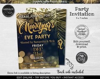 Editable New Year's Eve Party Invitation Template, New Year's Black & Gold Glitter Party Invitation, Instant Download New Year's Invite NY