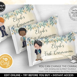 Può includere: Tre sacchetti regalo stampabili per una celebrazione di prima comunione. Ogni sacchetto presenta un ragazzo diverso in abito, con il testo "Elijah's First Communion" e una data. I sacchetti hanno uno sfondo ad acquerello con foglie verdi e fiori gialli.