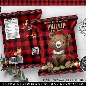 Editable Lumberjack Chip Bag Wrapper, Bear Chip Bag Template, Instant Download Buffalo Plaid Potato Chip Bag, Lumberjack Party Favors LBRJ