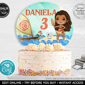 May include: A printable cake topper featuring a cartoon Moana character with a boat and a rooster. The topper is decorated with blue and green watercolour waves and the text "DANIELA 3".