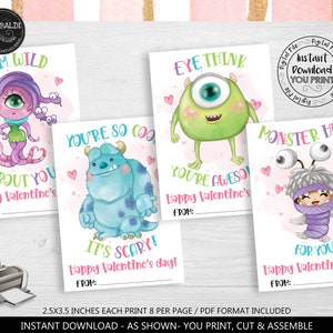 Monsters Valentine's Day Cards Printable Valentine's Day Monster Tags Kids School Class Valentine's day Exchange Cards Monster Favor Tags VL