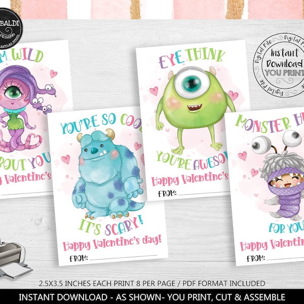 Monsters Valentine's Day Cards Printable Valentine's Day Monster Tags Kids School Class Valentine's day Exchange Cards Monster Favor Tags VL