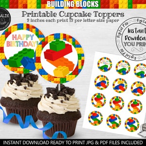 Building Blocks Cupcake Toppers Printable Building Blocks Cupcake toppers Instant download Building Blocks Birthday Party Decorations BKBC
