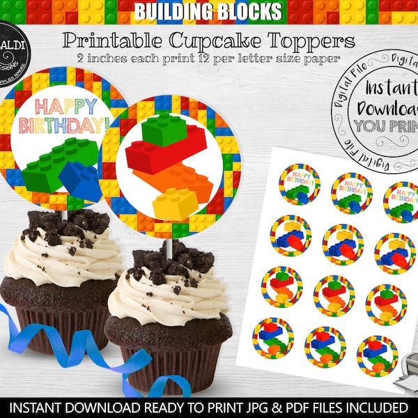 Building Blocks Cupcake Toppers Printable Building Blocks Cupcake toppers Instant download Building Blocks Birthday Party Decorations BKBC