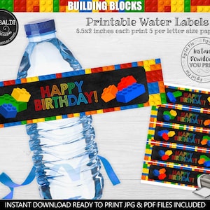 Building Blocks Water Bottle Labels Building Blocks Printable Labels Building Blocks Birthday Party Decorations Blocks Party Supplies BKBC