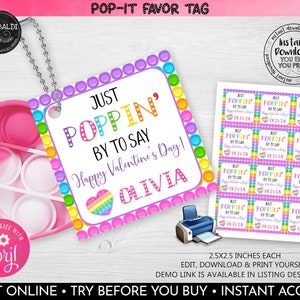 Editable Valentine's Pop Bubble Fidget Gift Tag Valentines day Push Pop Cards School Valentine's day Favor Tag Pop Valentine's Label 3 VL