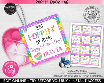 Editable Valentine&#39;s Pop Bubble Fidget Gift Tag Valentines day Push Pop Cards School Valentine&#39;s day Favor Tag Pop Valentine&#39;s Label 3 VL