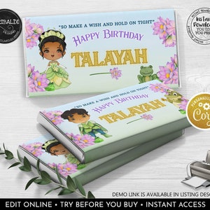 Editable Princess and the Frog Chocolate Bar Labels Tiana Candy Bar Wrapper Princess Birthday Party Download Corjl Template Printable PF