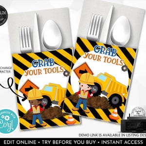 Construction Silverware Cutlery Holder Editable Utensils Paper Pouch Party Flatware Bag Dump Truck Digger Boy Table Decor Printable CTK