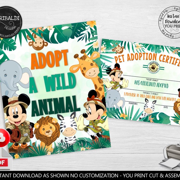 Adopt a Wild Animal Certificate Safari Pet Adoption Certificate Instant Download Jungle Birthday Party Supplies Wild Animal Pet Adoption MFS