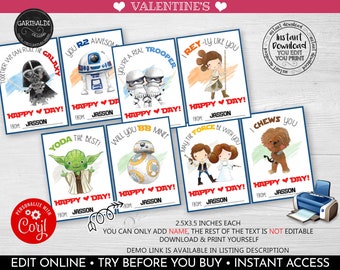 Editable Valentine's day Cards, Star Wars Valentine's day Personalize Gift Tags, Classroom Valentine's Day Exchange Card Space Wars Cards VL