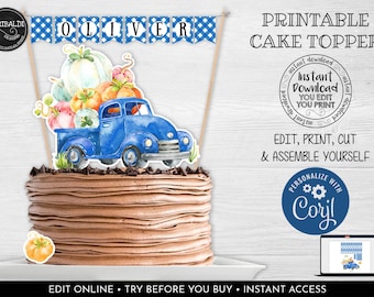 Printable Blue Truck Cake Topper Blue Truck Pumpkins Cake Topper Blue Truck Birthday Party Supplies Blue Truck Fall Baby Shower LBT