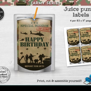 Instant download Soldier Juice Pouch Labels Printable Military Birthday Army Party Supplies Camouflage Juice Camo Birthday Party Decor SA