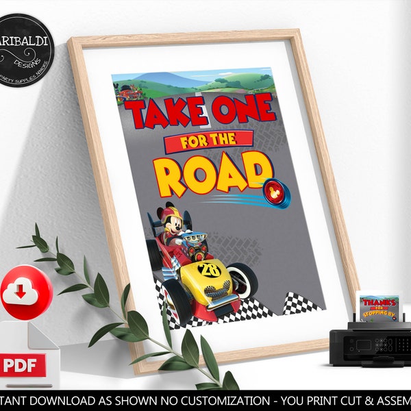 Mickey Roadster Racers Take One For The Road Favors Sign Race Car Birthday Party Supplies Racing Cars Table Decor Digital Download MRRP