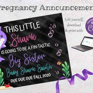 Printable Pregnancy Announcement Sign Editable Big Sister Pregnancy Announcement Board Cute Shark Big Sister Pregnancy Announcement  PA