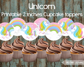 Adornos para cupcakes de unicornio, decoraciones para fiestas de cumpleaños de unicornio, suministros para fiestas de cumpleaños de unicornio, adornos imprimibles DIY de unicornio, etiquetas de unicornio