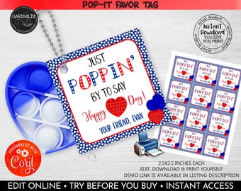 May include: Red, white, and blue pop-it favor tag with the text "Just Poppin' By To Say Happy Day!" and a space to write a name. The tag is 2.5 inches by 2.5 inches.
