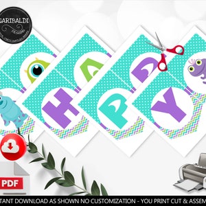 Puede incluir: Banner imprimible para una fiesta de cumplea&ntilde;os con tem&aacute;tica de Monsters Inc. El banner est&aacute; formado por seis tarjetas individuales con las letras "HAPPY" y dos personajes de monstruos. Las tarjetas son turquesa con lunares blancos y bordes de chevron verde y morado.