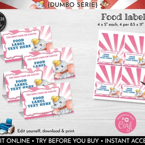 Editable Dumbo Food Labels Instant Download Baby Dumbo Food labels Baby Dumbo Place Cards Dumbo Baby Shower  Pink Dumbo Party Supplies DCHM