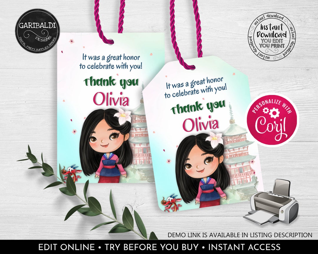 Mulan Favor Tags Editable Gift Tags Instant Download Chinese Princess ...