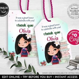 Mulan Favor Tags Editable Gift Tags Instant download Chinese Princess Birthday Party Thank you Tags Mulan Labels Stickers Corjl Template DML