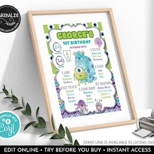 Editable Monsters Milestones Board Monsters First Birthday Sign Little Monster Party Decor Digital Download Template Printable Corjl MINC