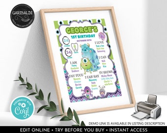 Editable Monsters Milestones Board Monsters First Birthday Sign Little Monster Party Decor Digital Download Template Printable Corjl MINC
