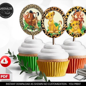 May include: Printable cupcake toppers featuring characters from the Lion King movie. The toppers feature Simba, Nala, and Pumbaa on a leopard print background. The toppers are perfect for a Lion King themed party.