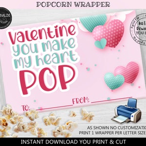 You make my heart pop Valentine&#39;s Day Popcorn Wrapper Printable Valentine&#39;s Day Microwave popcorn wrap Valentines day Party Favors VL
