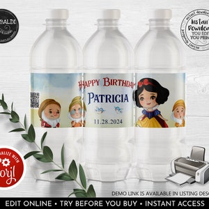 May include: Three clear plastic water bottles with labels featuring a watercolor illustration of Snow White and the Seven Dwarfs. The labels have the text "Happy Birthday Patricia" and the date "11.28.2024".