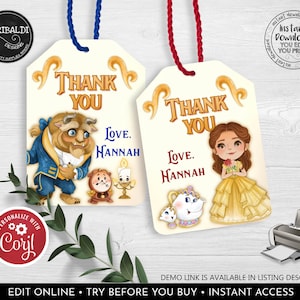 Editable Beauty and the Beast Favor Tags Princess Belle Gift Tags Birthday Party Decoration Instant download Printable Template Corjl BB
