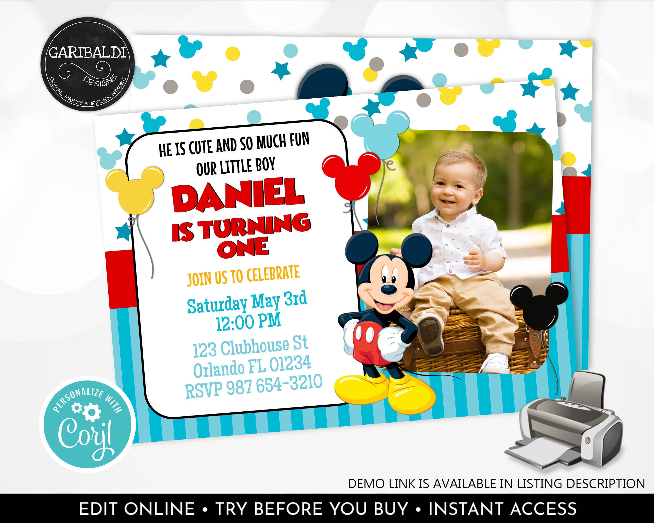 Editable Mickey Mouse Invitation Boy First Birthday Printable Photo ...