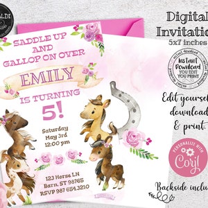 Editable Horse Invitation Printable Horses Invitation Instant Download Pony Invitation Pink Horse Birthday Party Cute Horse Invite PH001