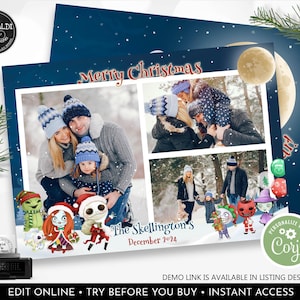 Editable Christmas Photo Collage Card Template Printable Nightmare Before Christmas Greeting Card Digital Download DIY Holiday Card NBCH CH