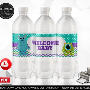 Monsters Baby Shower Water Bottle Labels Printable Little Monsters Welcome baby Party Favor Labels Baby Monster Printable Party Supplies DMI