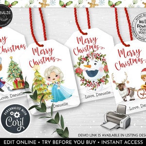 Editable Christmas Tags Frozen Christmas Tags Printable Merry Christmas Gift Tags Instant Download Winter Princess Holidays Favor Tags CH